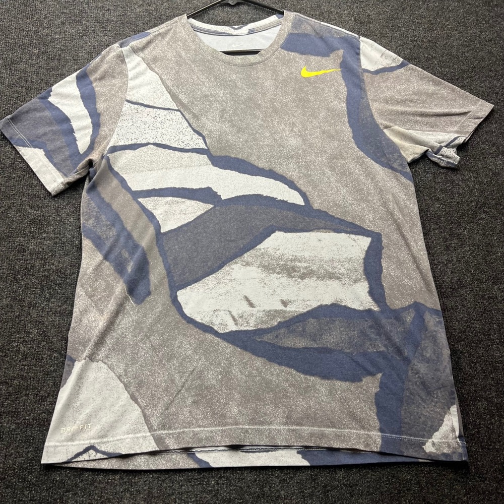 Nike Mens Dri-FIT Abstract Print T-Shirt Grey Blue Yellow Large 2827